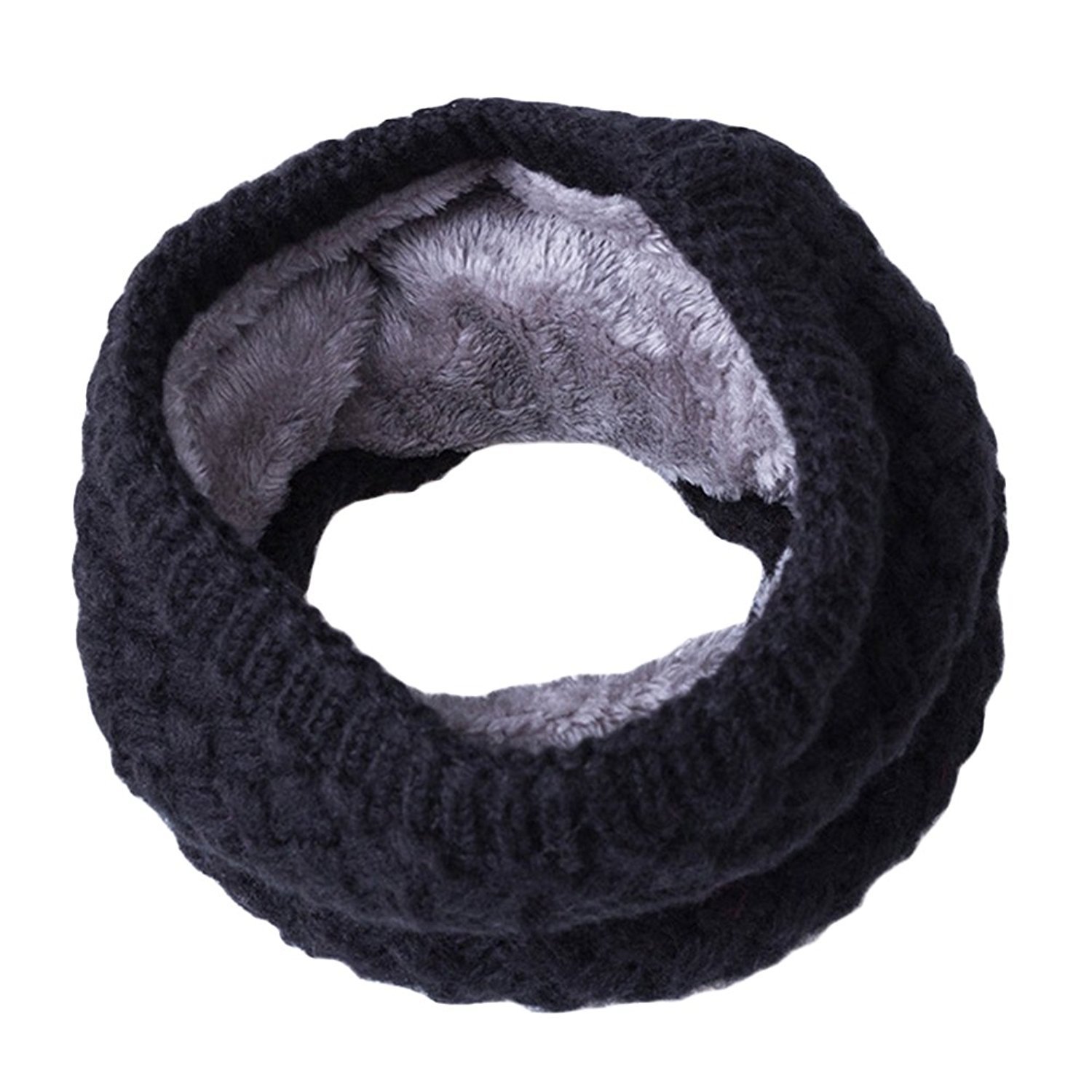 Gemini_mall Unisex Black Gemini_mall® Winter Knitted Snood Scarf Loop Infinity Fur Neckerchief Neck Warmer Wrap Scarves