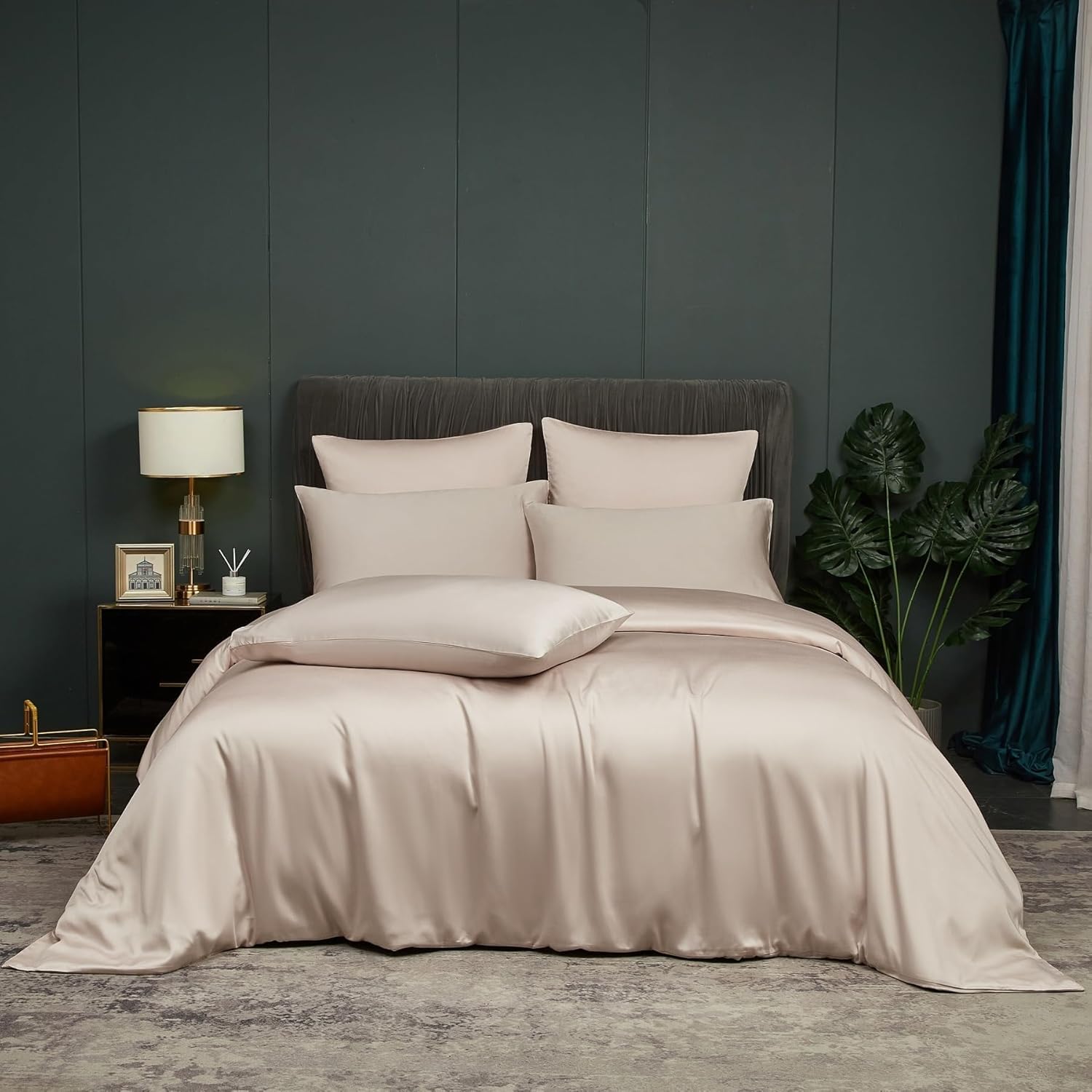 Luofanfei Housse de Couette 220x240 Beige Lyocell Bambou Parure de lit Unie 2 Personnes Soie Lisse Soyeux Brillant Adulte Uni Ensemble Literie avec Fermeture éclair et 65x65cm Taies d'oreiller
