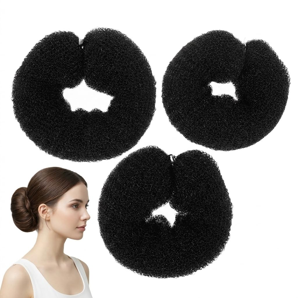Baluue 3Pcs Hair Bun Maker with Hidden Snap, Mesh Donut Chignon Shaper for Women & Girls, Professional Ballet Bun Makers for Thick or Fine Hair, Large Medium Small Sizes, Black
