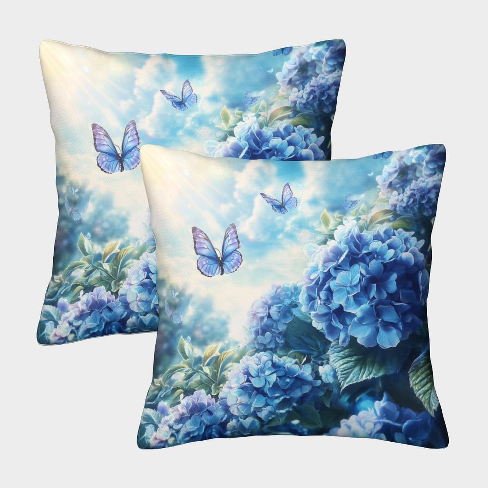 kaiyun 2 Pack Blue Hydrangea,Butterfly Flying 3D Cushion Cover Pillow Cover Sofa Outdoor Decoration Square 45x45cm