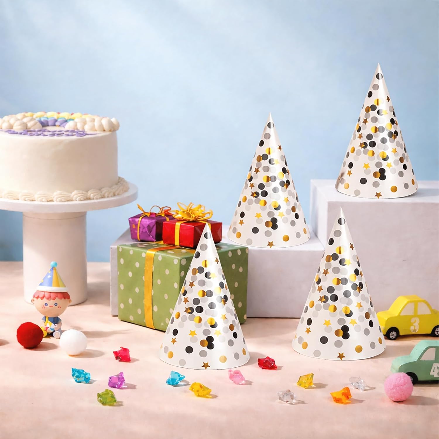 24 Pcs Pre-Assembled Birthday Party Hats Gold Polka Dot Paper Hats with Elastic String for Women Men