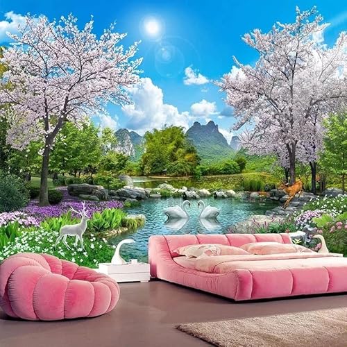 Custom Size Wall Murals，Nature Landscape Swan Lake，Removable Peel And Stick Self-Adhesive Wall Murals Large Photo Wallpaper #TOP1