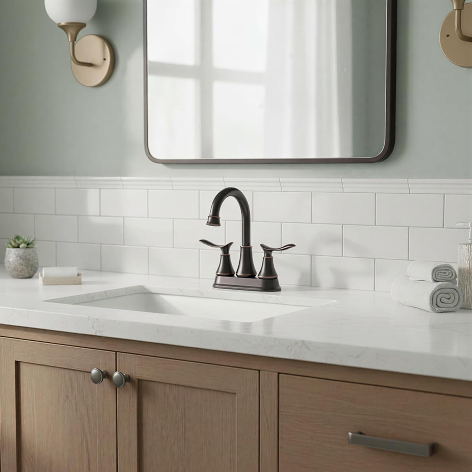 KINGO HOME Modern 2 Handle Oil Rubbed Bronze Bathroom Faucet, Bronze Bathroom Faucets RV Rubbed Bronze Bath Vanity Faucet for Sink 3 Hole with Water Supply Lines and Pop Up Drain