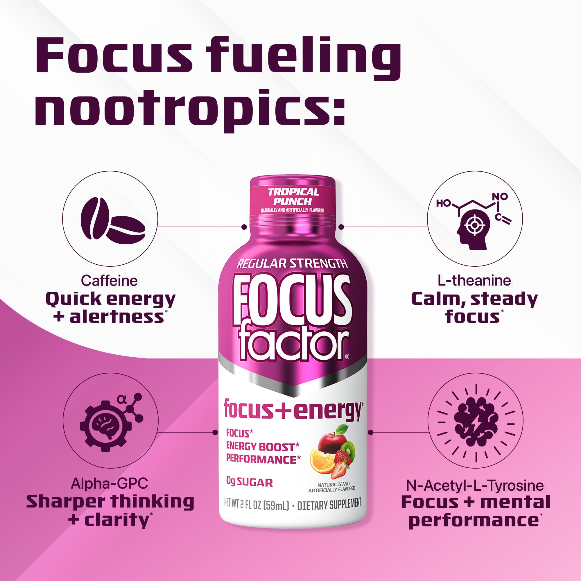 Focus Factor Focus + Energy Shots - 12 x 2oz Bottles (Tropical Punch Flavor) - Powered by Nootropics with Caffeine, L-Theanine, Ginkgo, Bacopa, L-Tyrosine, Alpha GPC — Amazon image 3