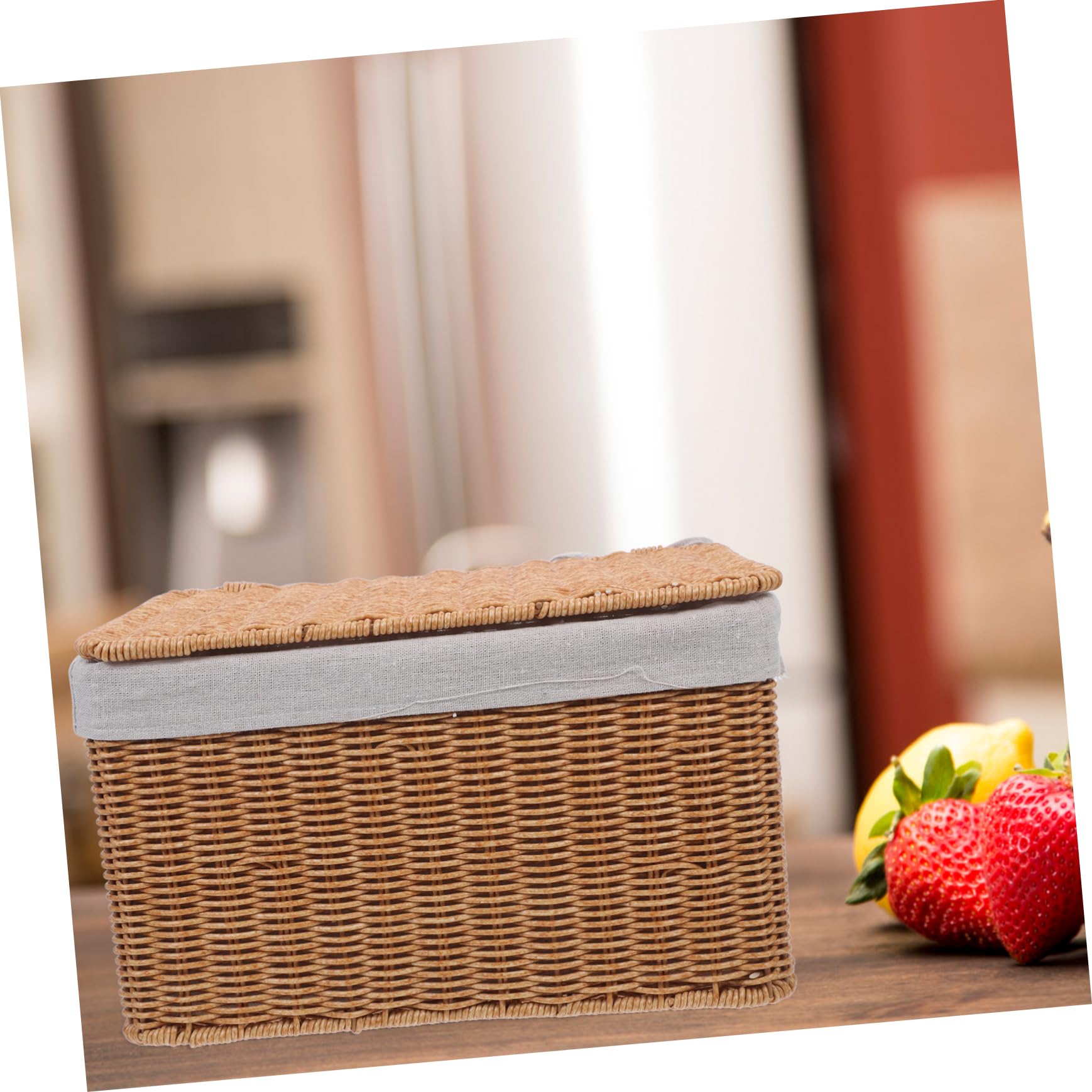 Cestino Rettangolare Intrecciato in Vimini con Coperchio e Doppie Maniglie, Porta Oggetti Versatile per Biancheria e Libri, Contenitore Grande 36x26x21 Cm per Organizzazione Casa