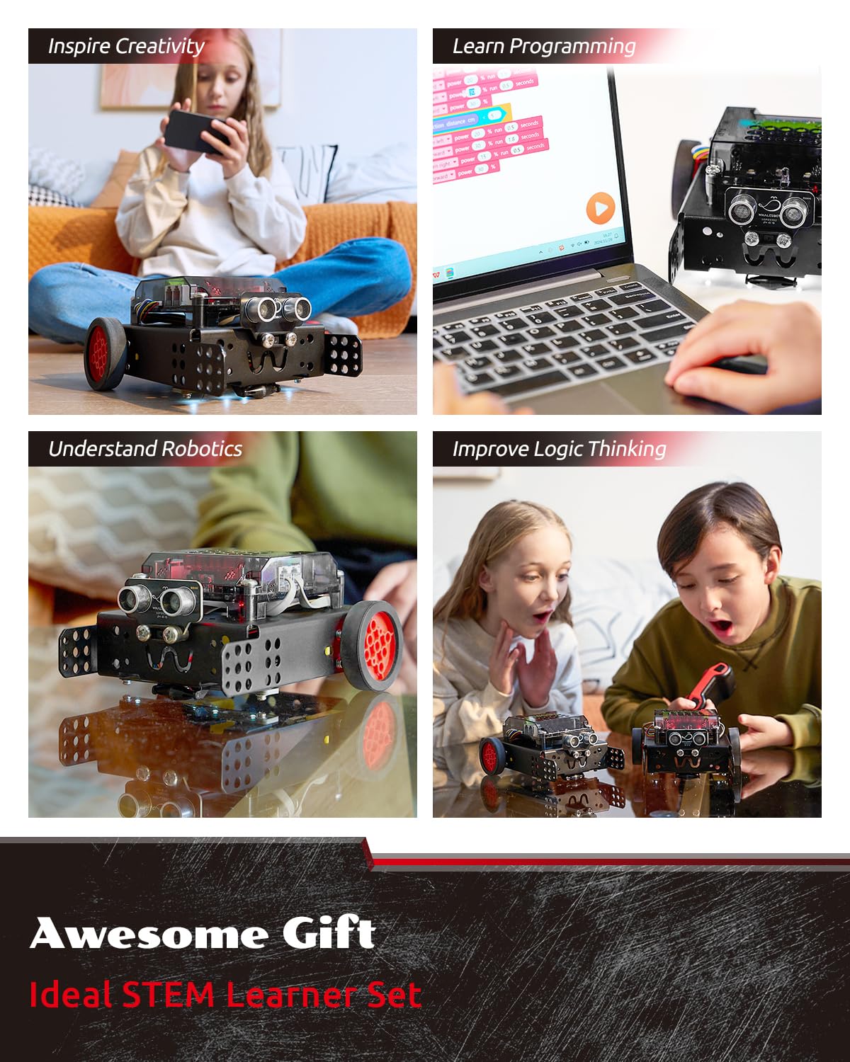 WhalesBot Rocky Coding & Remote Control Robot Kit for Kids 8-16, Modular/Scratch/Python/C Programming, Educational Engineering Science Toy Set with Multiple Sensors and Smart Controller