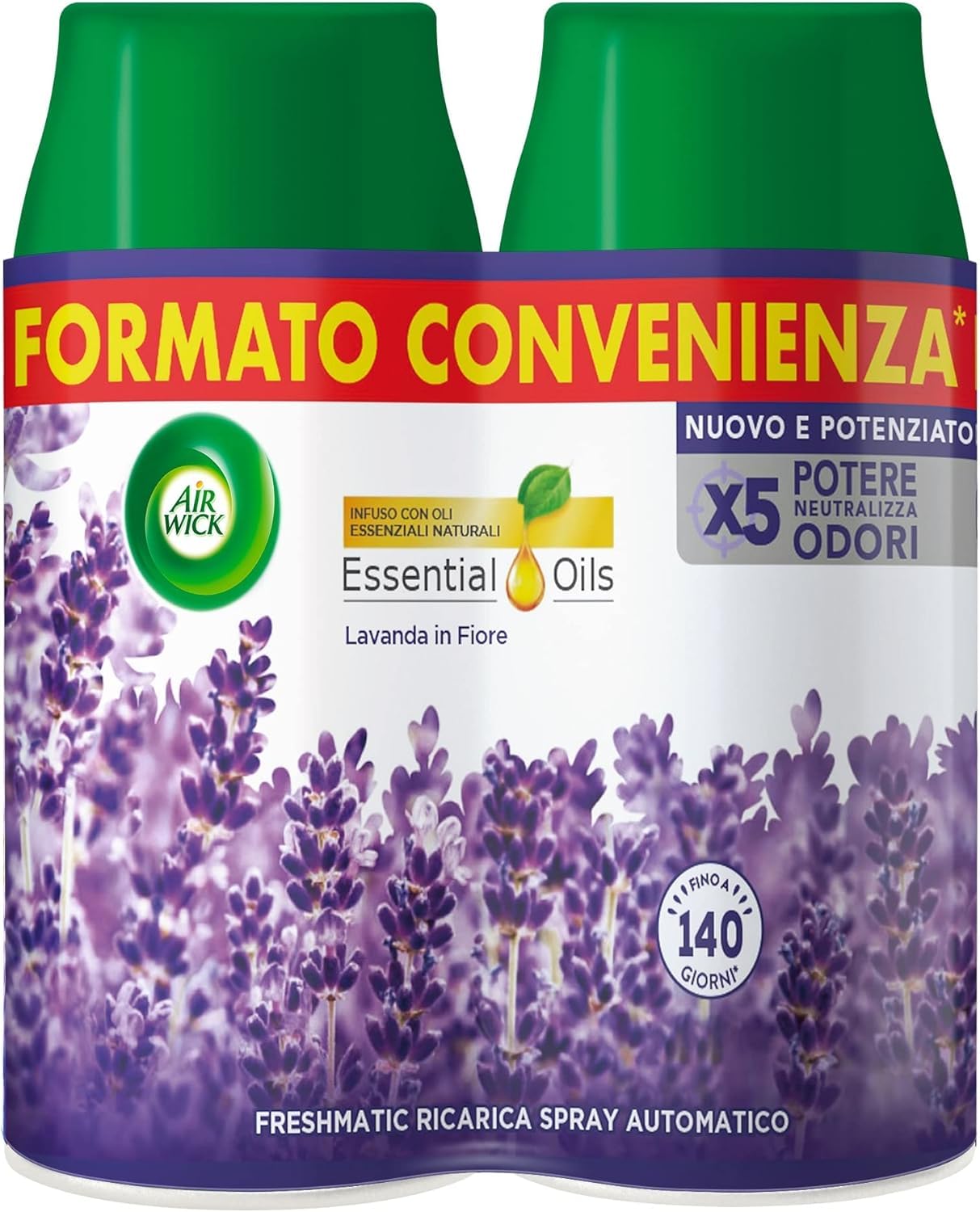 Airwick Freshmatic Profumatore per Ambienti, 2 Ricariche Spray Automatico, Fragranza Lavanda in Fiore, Profumo da 250 ml