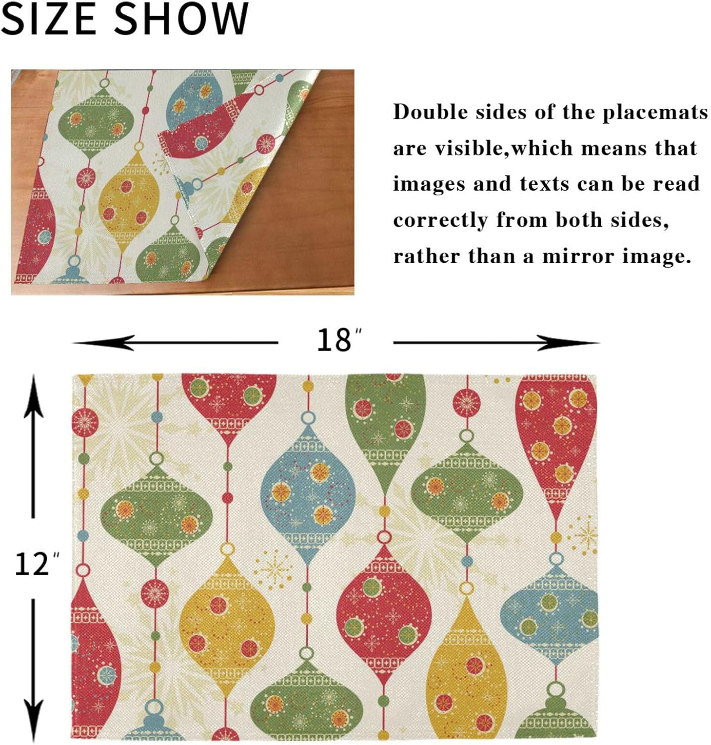 OTVEE Placemats Retro Christmas Balls and Stars Place Mats 6 Pcs Polyester Dinner Table Mat with Imitation Burlap Effect and Double Side Printed