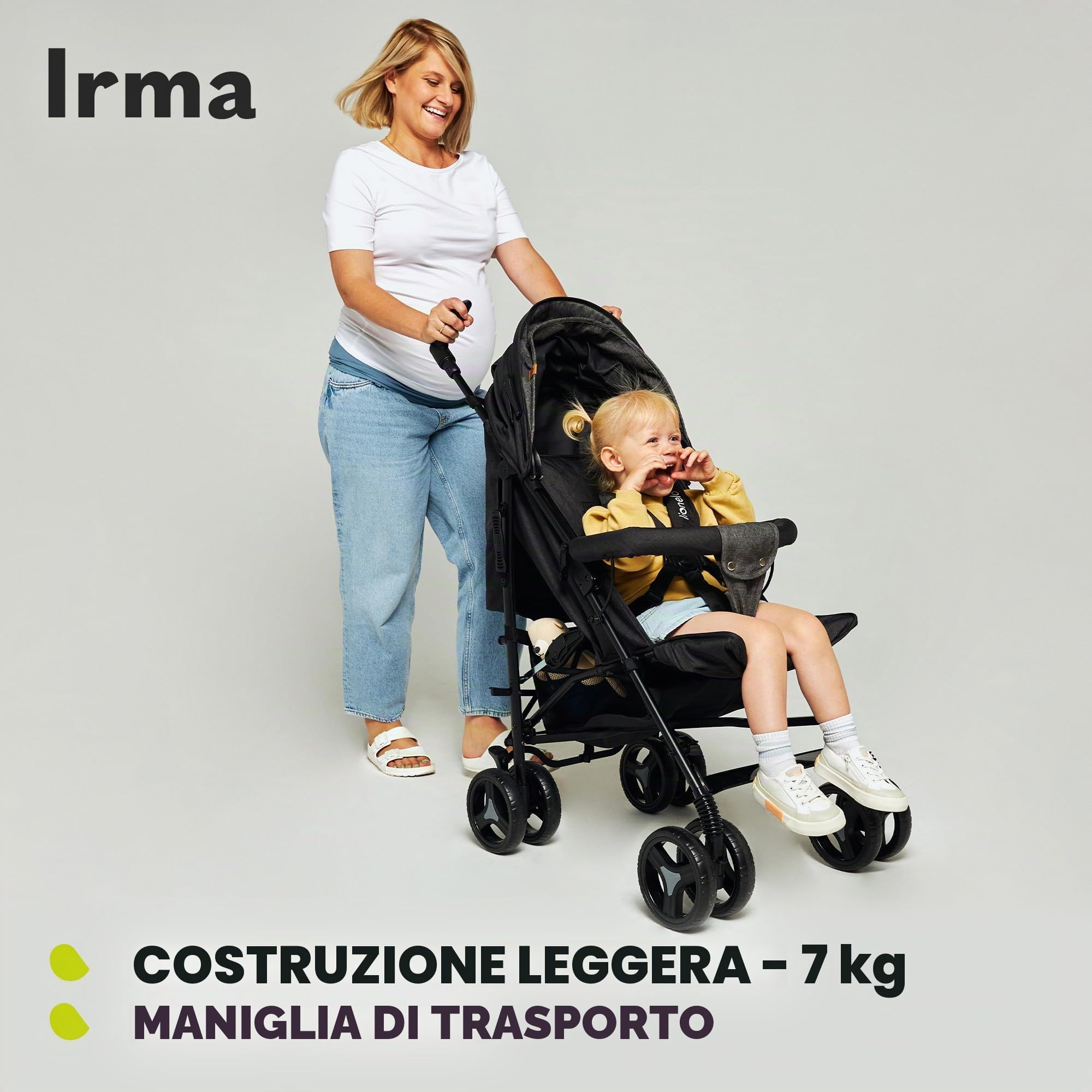 LIONELO Passeggino IRMA leggero e pieghevole per bambini fino a 3 anni, funzione sdraiata, imbracatura a 5 punti, ruote grandi da 6", zanzariera, cestino grande e cappuccio, maniglie girevoli