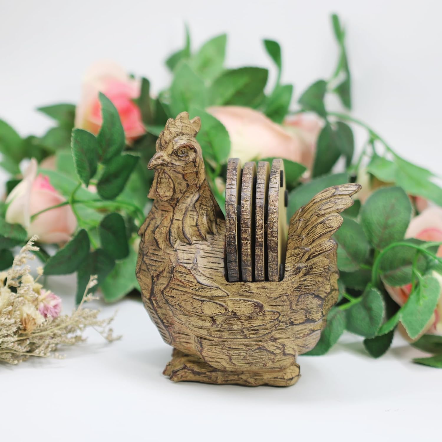 Vintage Rooster Coasters, Set of 4 Resin Coasters in Handmade Cock Stand, Rustic Tabletop Decor for Home & Office - Image 3