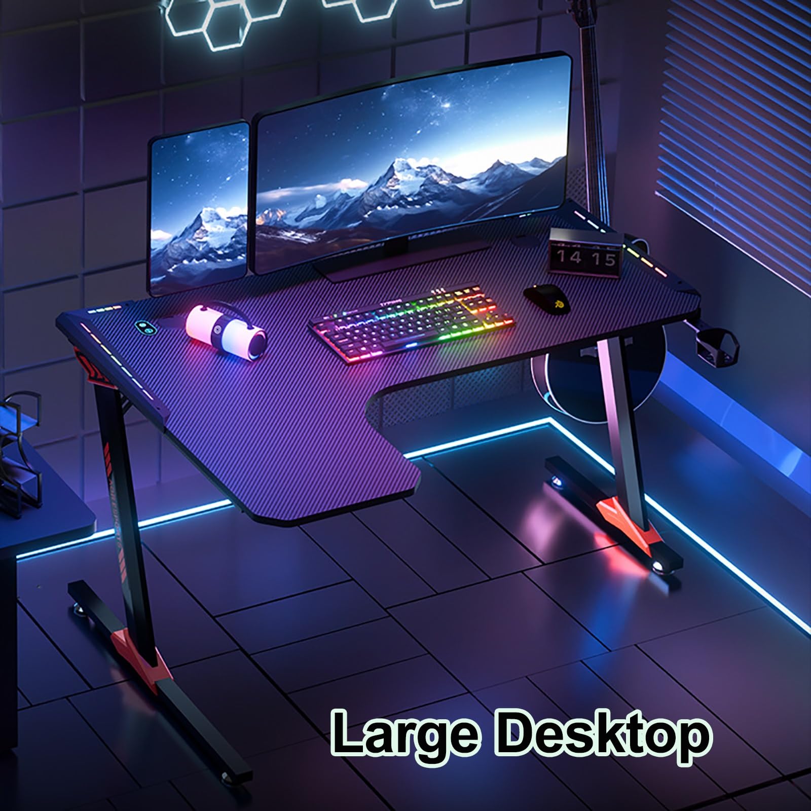 Biurko do gier w kształcie litery L ze światłami LED, narożna konstrukcja 140 cm, zawiera haczyki na słuchawki i pudełko do zarządzania kablami, idealne do domowego biura i konfiguracji dla graczy