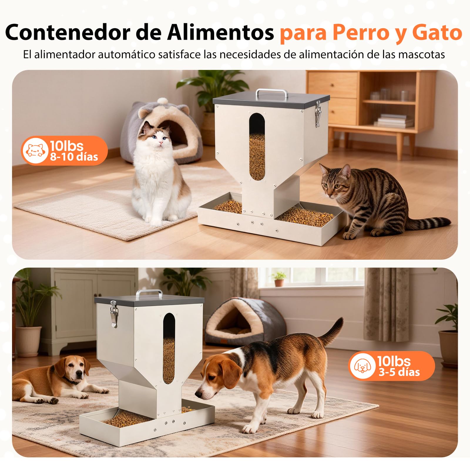 Comedero Automático para Gatos 2 Recipientes, Dispensador de Comida Seca para Gatos, 10L, Metal, Dispensador de Comida para Gatos y Perros Pequeños, Fácil de Limpiar