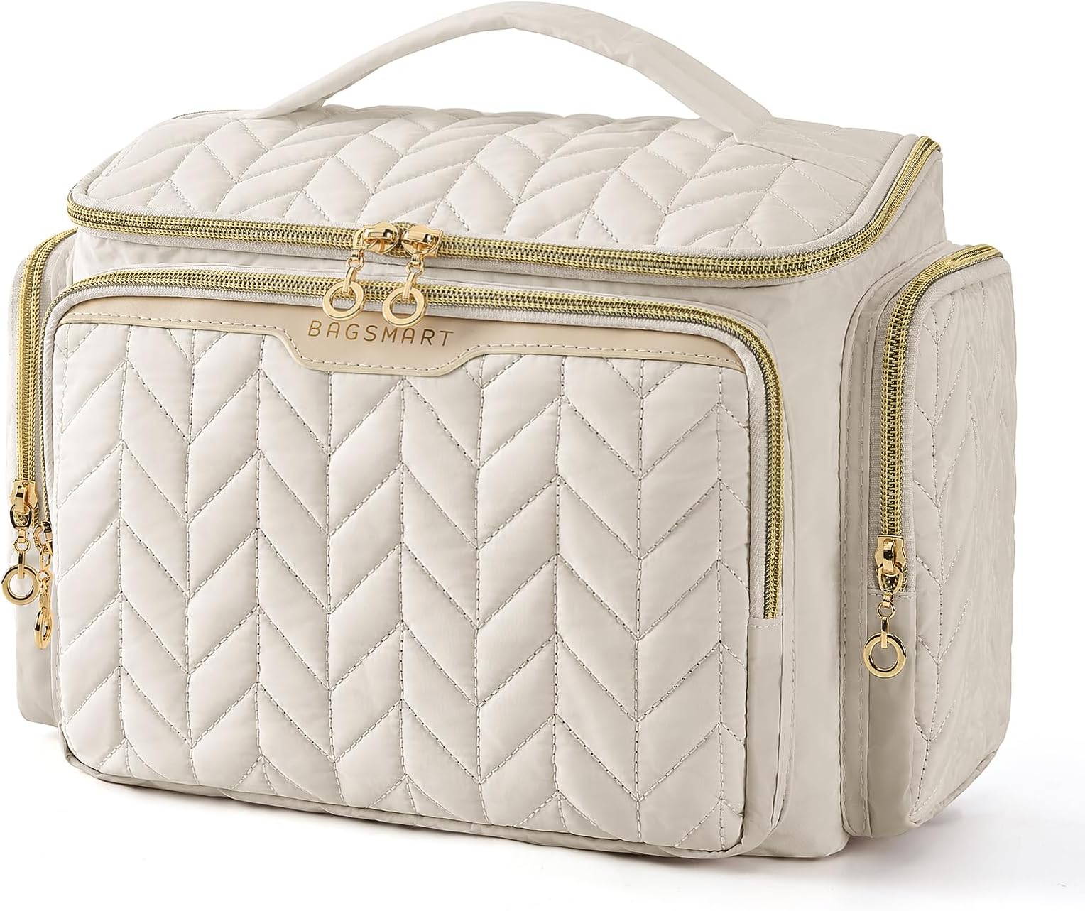 BAGSMART Travel Toiletry Bag, Large Wide-open Travel Bag for Toiletries, Makeup Cosmetic Travel Bag with Handle-Beige