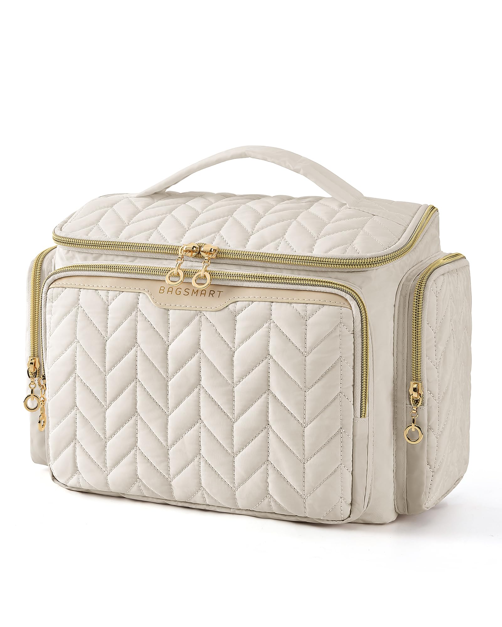 BAGSMART Travel Toiletry Bag, Large Wide-open Travel Bag for Toiletries, Makeup Cosmetic Travel Bag with Handle-Beige