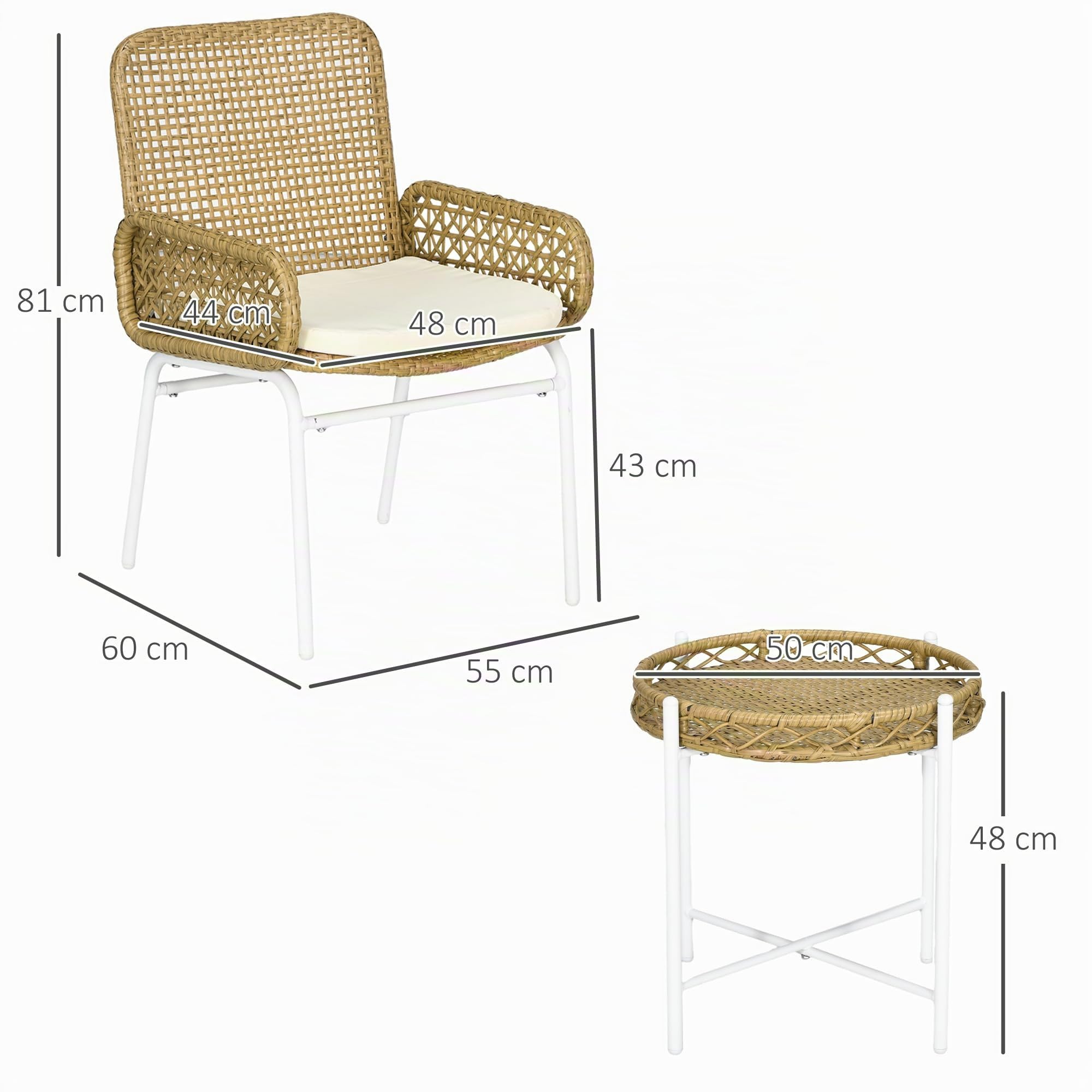 Outsunny Conjunto de Muebles de Jardín Juego de 3 Piezas Ratán Natural | Sillas y Mesa, 2 Sillas, 1 Mesa de Centro, Cojines, para Terraza Patio