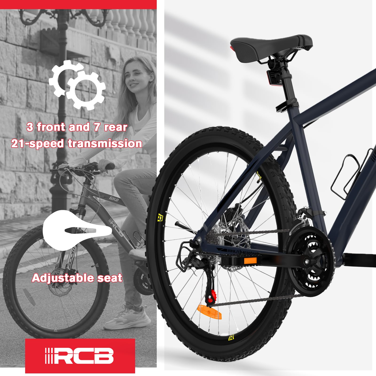 RCB GK2 26"-Mountainbike, 21-Gang-Kettenschaltung, Aluminiumrahmen, Federgabel, mechanische Scheibenbremsen, Getränkehalter, ideal für Freizeit und Fitness, geeignet für Jugendliche und Erwachsene
