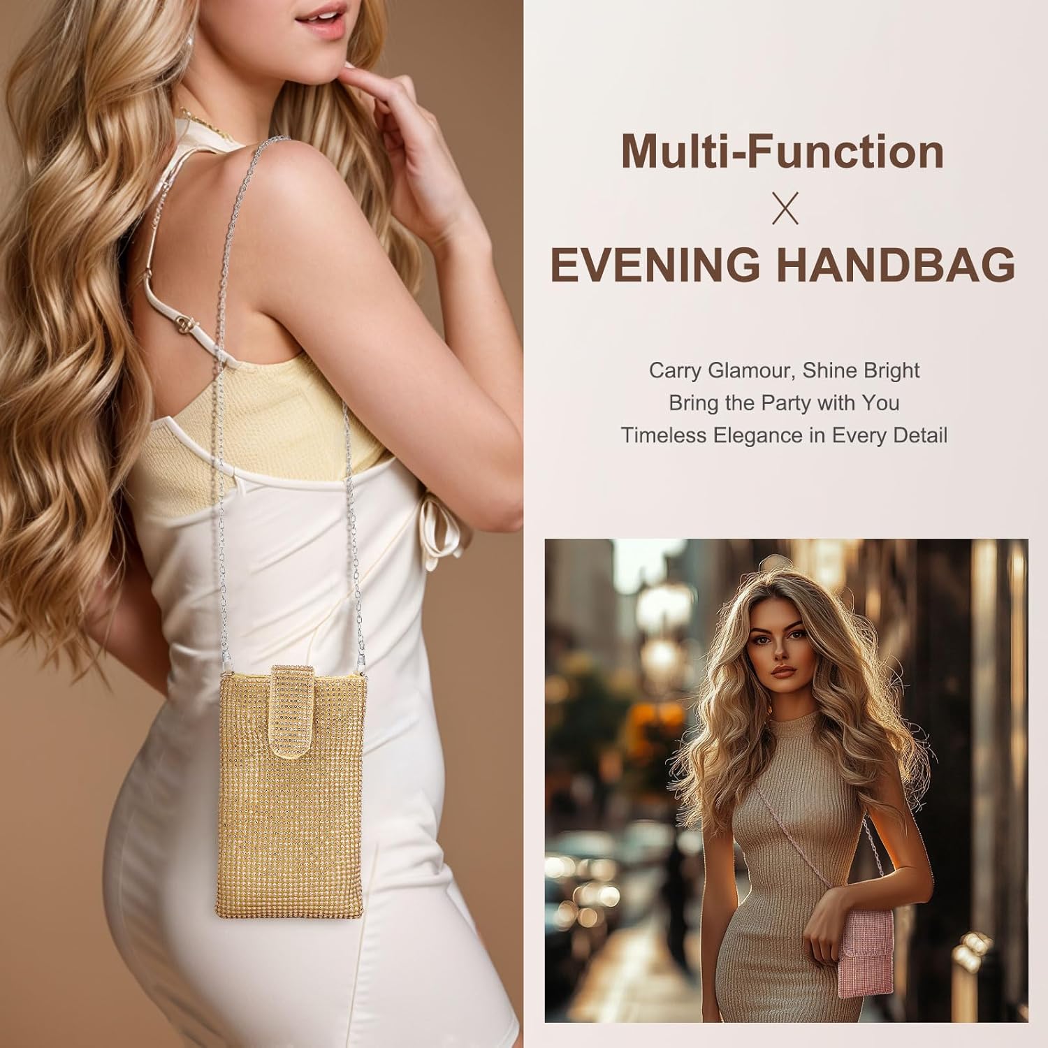 Evening Handbags Clutch Purses for Women, Crossbody Bag Crystal Rhinestone Purse Shoulder Bag Sparkly for Wedding Party Gold - Image 6