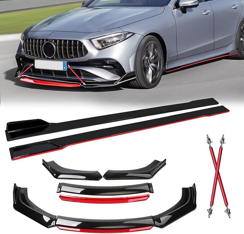 4Pcs Front Bumper Lip Chin Spoiler Splitter Diffuser Air Dams Fit 72.2" Width Cars with 6Pcs 78.7" Side Skirts Extension Rocker Panels + 2Pcs Adjustable 8-11" Splitter Rods, Glossy Black w/Red