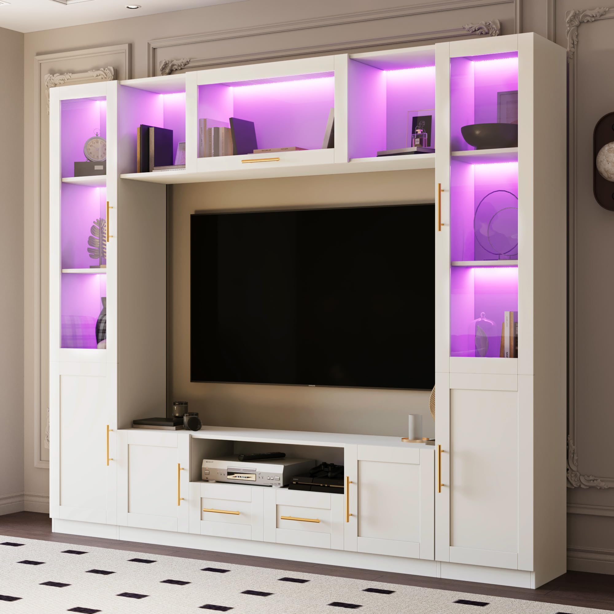 Mekminop 4-Piece Wall Unit TV Stand with LED Lights for TVs up to 70", Large Entertainment Center with Bookshelves & Bridge, Modern TV Console for