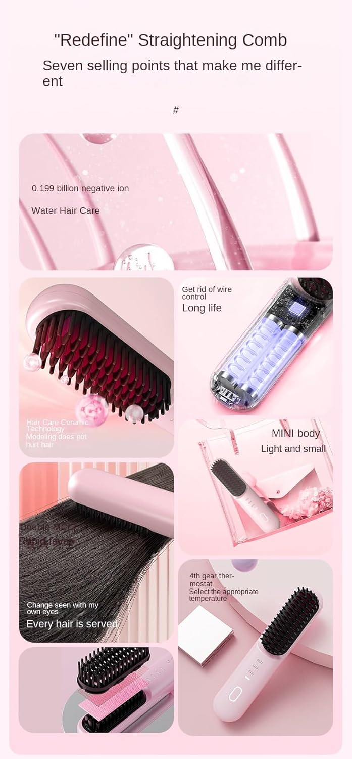 Go Brush Pro, 2026 Cordless Hair Straightener Brush,Portable Straightener Brushs for Travel, with LCD Temperature Display，Fast Heating Cordless Mini Hair Brushs Styling Tools (Light Yellow)