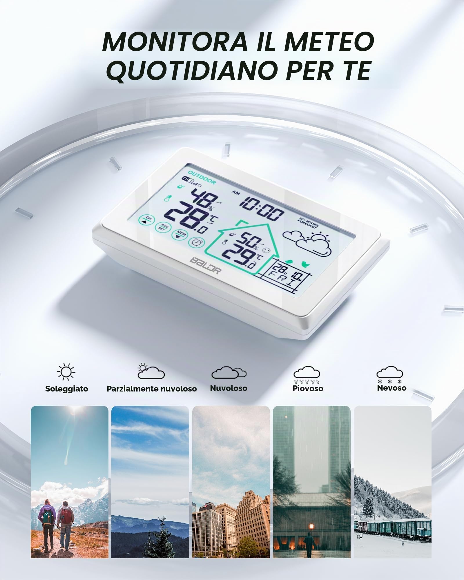 BALDR Stazione Meteo LCD con Sensore Esterno, Stazione Metereologica con Previsioni Meteo, Temperatura e Umidità, Livello di Comfort, 4 Livelli di Retroilluminazione