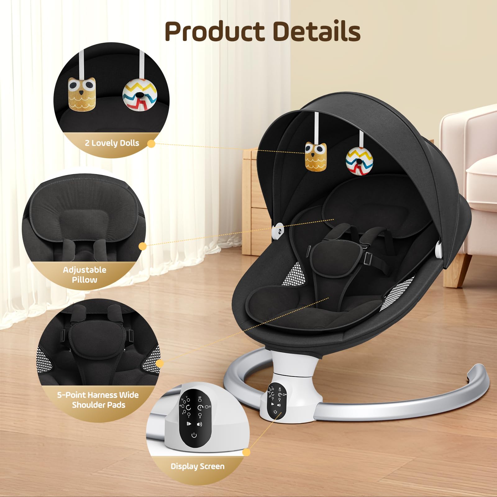 Hamaca bebé eléctrica APP Control,Mecedora Bebe electricapara Desde el nacimiento hasta los 6 meses, con distancia Control,5 modos de columpio,con arnés seguridad 5 puntos
