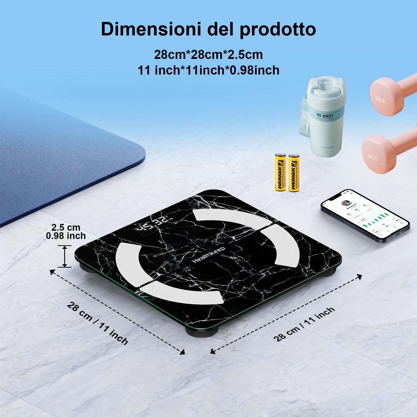 Waga osobowa, Healthkeep Balance Impedancjometr Bluetooth Połączona waga o wysokiej dokładności z aplikacją 13 wskaźników dla Andriod i iOS Max 180kg/400 lb/28st, 28 x 28 cm - czarny marmur