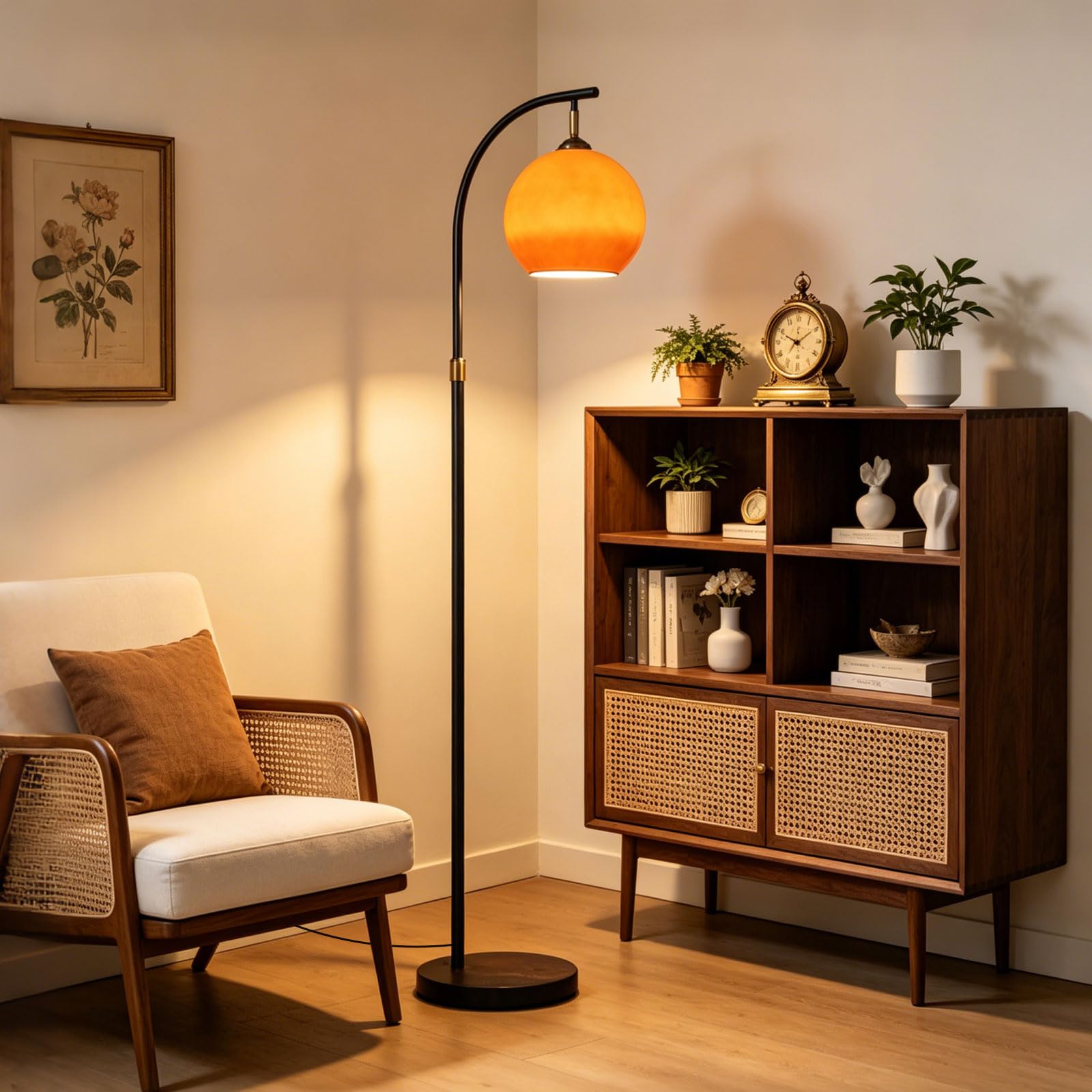 Lampe Sur Pied Arc Mid-Century Modern Orange, Hauteur Réglable, Globe En Verre, Douille E27, 3 Températures, Base En Marbre, Pour Salon, Chambre Ou Bureau (Ampoule Incluse)