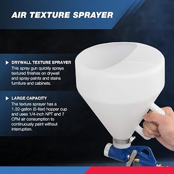 HILTEX 31229 Air Texture Gun with 1.32 Gallon Hopper, 3 Nozzles: 4.0mm, 6.0mm, 8.0mm, Drywall Texture Sprayer for Stucco Mud or Popcorn on Walls and Ceiling, Knockdown, Spray Gun with Handle