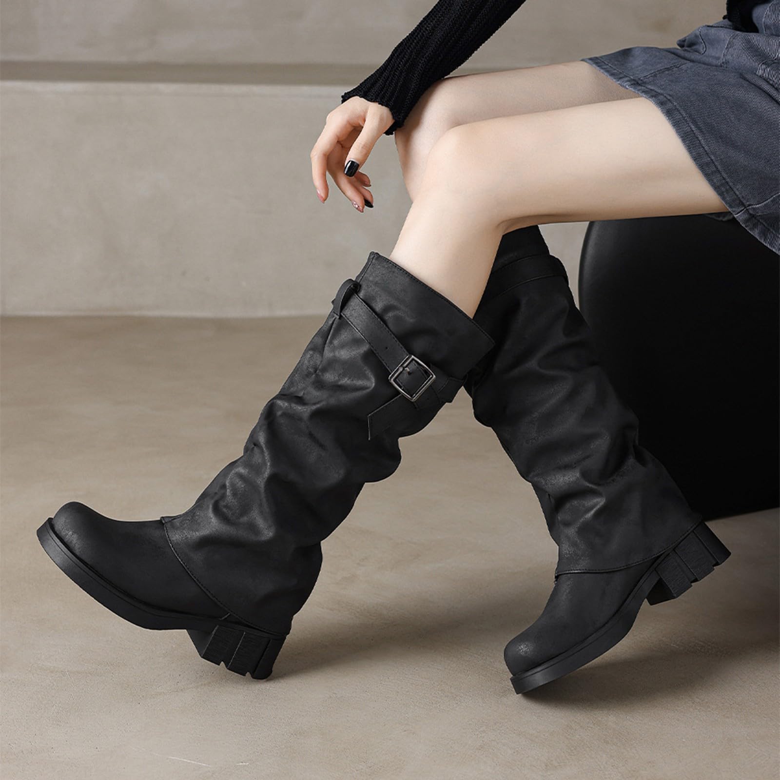 Stivali occidentali da donna con punta rotonda – Stivali alti al ginocchio da donna pieghevoli – Stivali da cowboy con fibbia a gambo lungo in pelle scamosciata, stivali alti con plateau