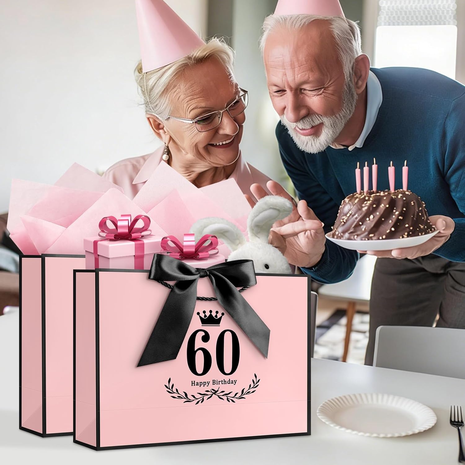 60th Birthday Bag, Pink with Bla Satin Bow & Crown Design,