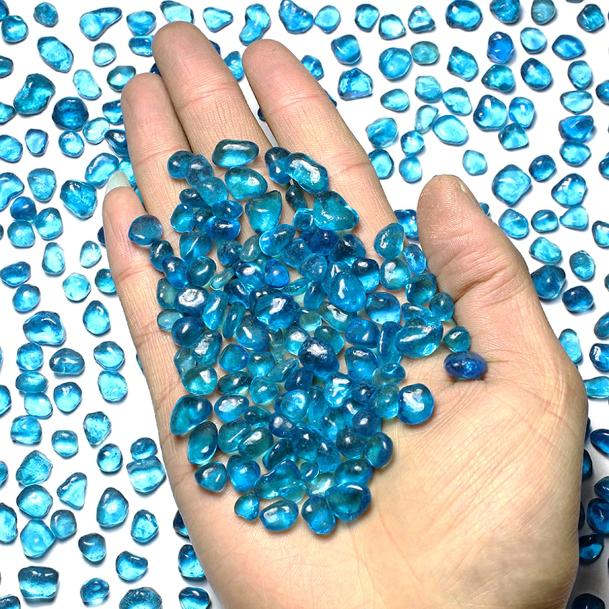1 Lb (460 g) Lake-Blue Sea Glass Stones Irregular Rainbow Glass Pebble Decorative Rock Quartz Tumbled Gemstone Chips for Aquarium Decoration/Vase