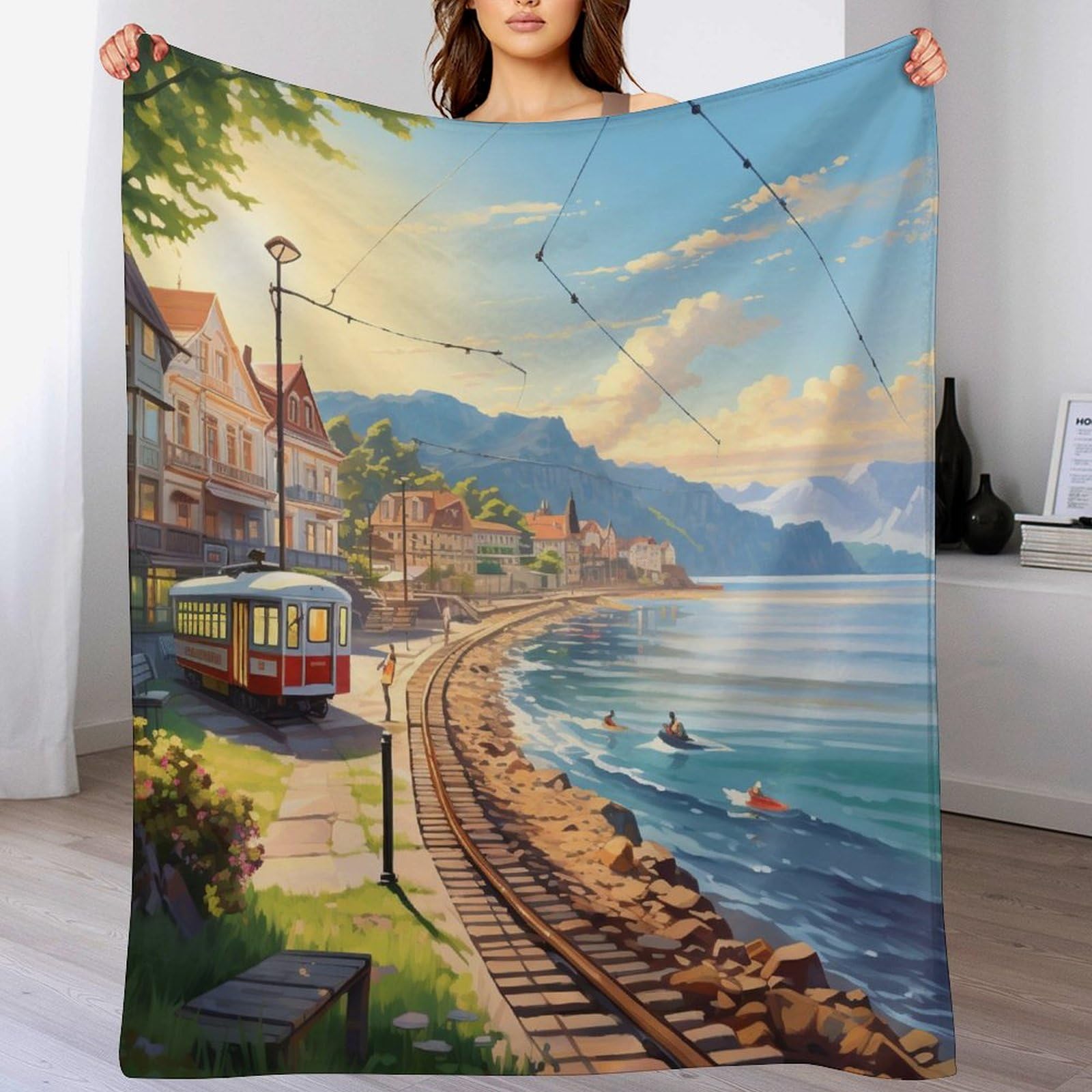 Couverture douillette maisons au bord de la mer cadeau réconfortant lit