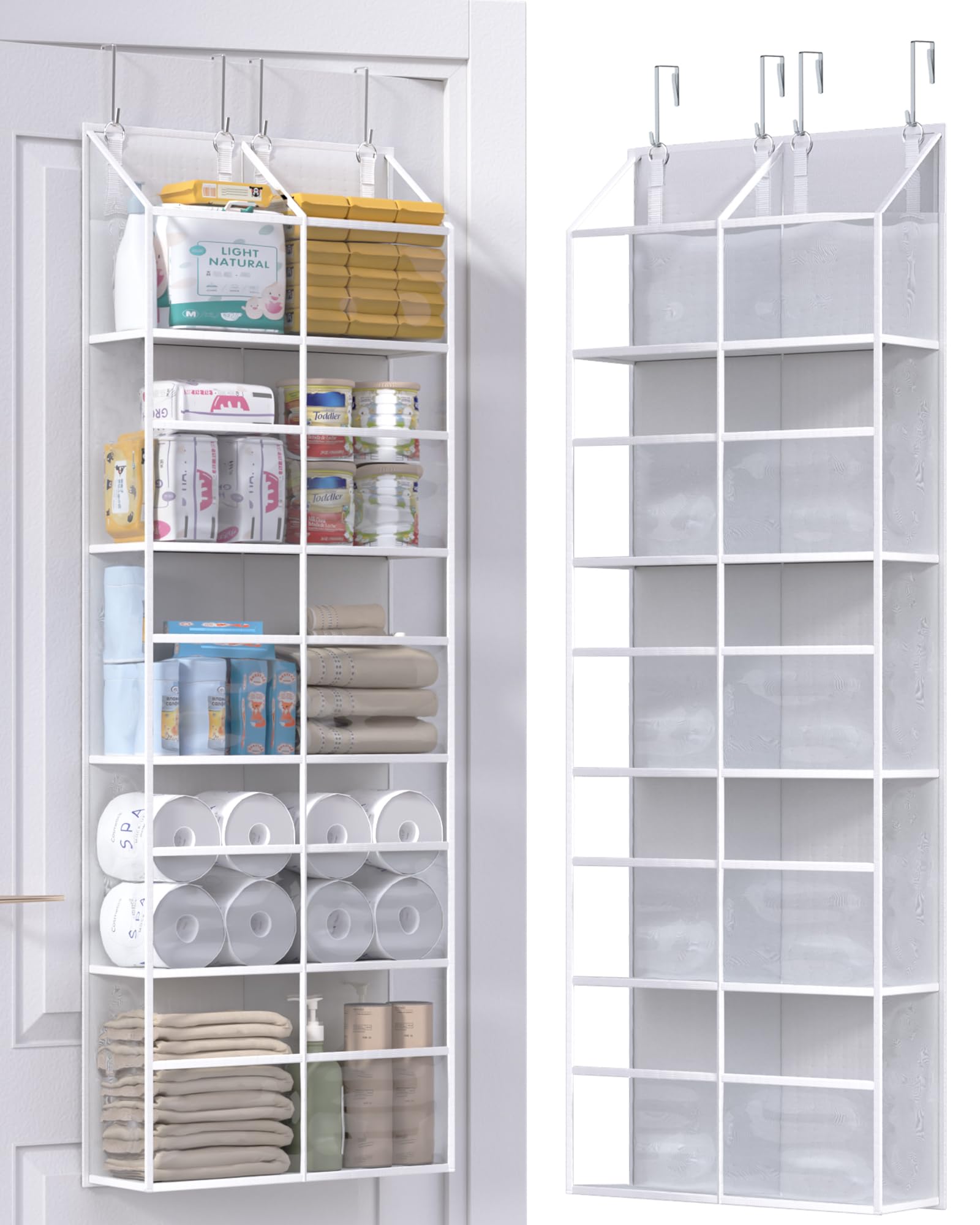 ALLTIDYUP Wiszący organizer do spiżarni nad drzwiami, 5 półek, przezroczyste plastikowe kieszenie, duża pojemność do szafy, sypialni, łazienki