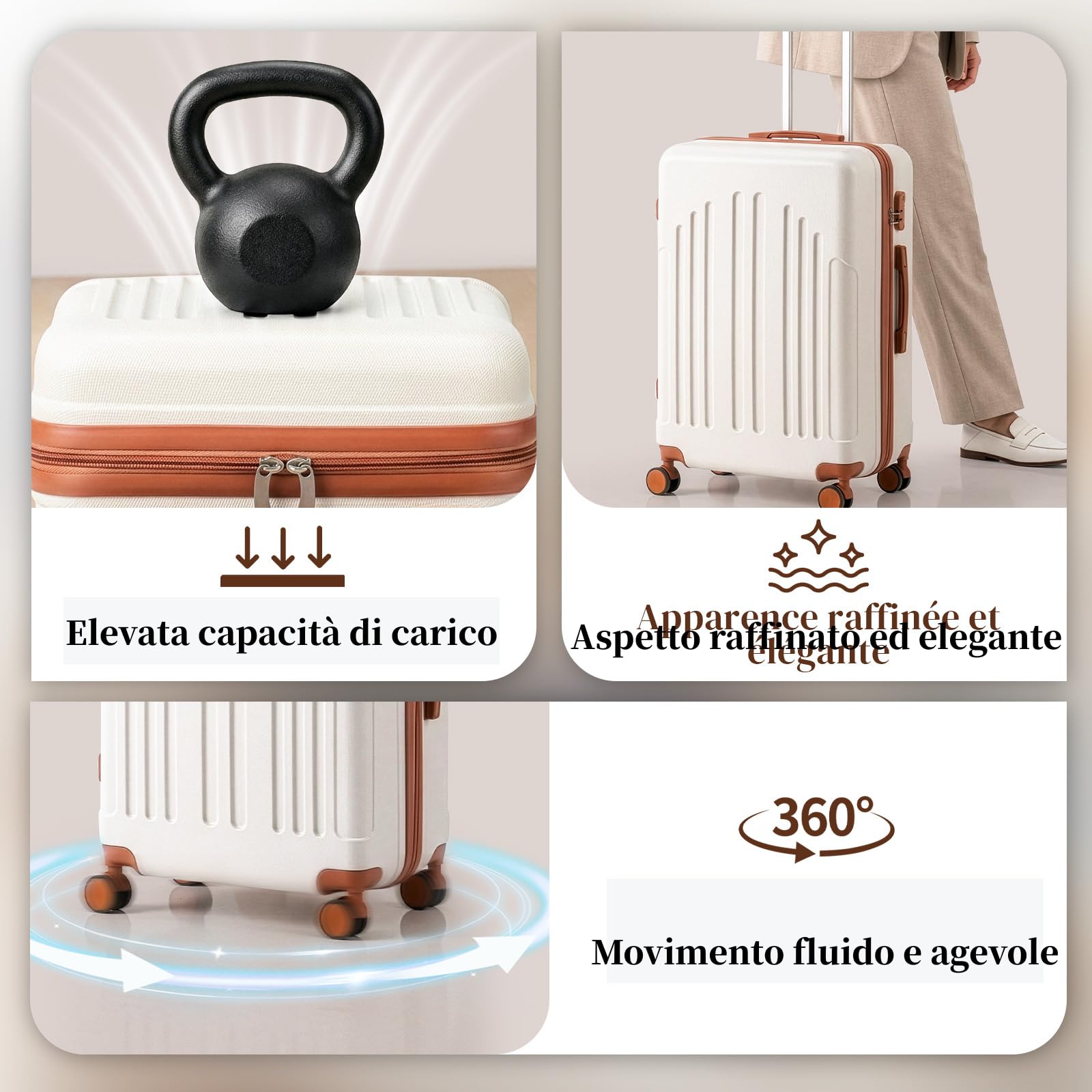 LEADZM Set di Valigie Rigide 5 Pezzi con Beauty Case, Set Valigie in ABS, Luggage Suitcase Grande 23 kg con 4 Ruote Girevoli Doppie (Beige-Marrone)