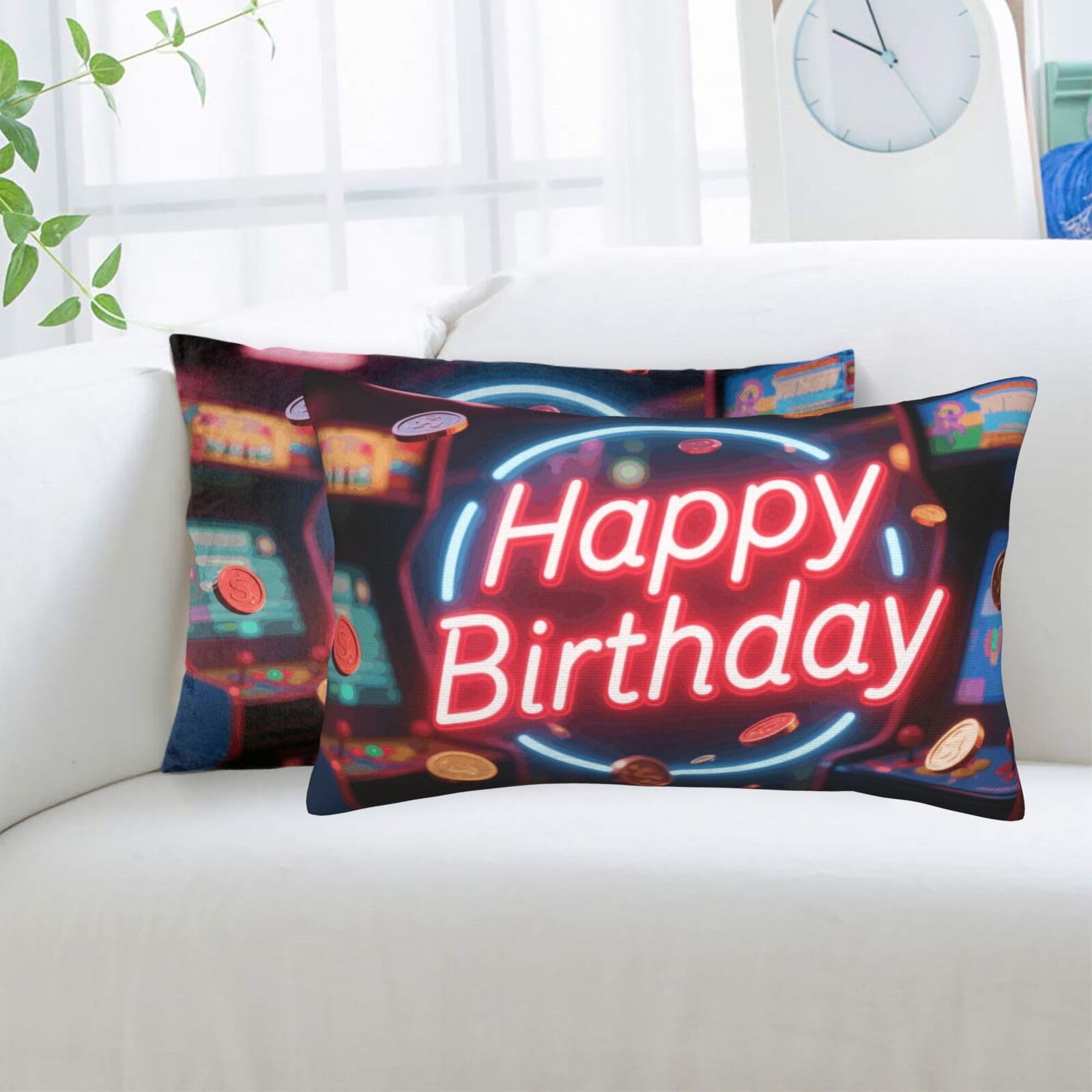2 Pack Standard Pillowcases Sets, Ultra Soft Comfort Microfiber Plush Pillow Cases Neon Happy Birthday Decorative Throw Pillow Cover with Hidden Zipper for Bedroom, Sofa, Couch,16"X24"