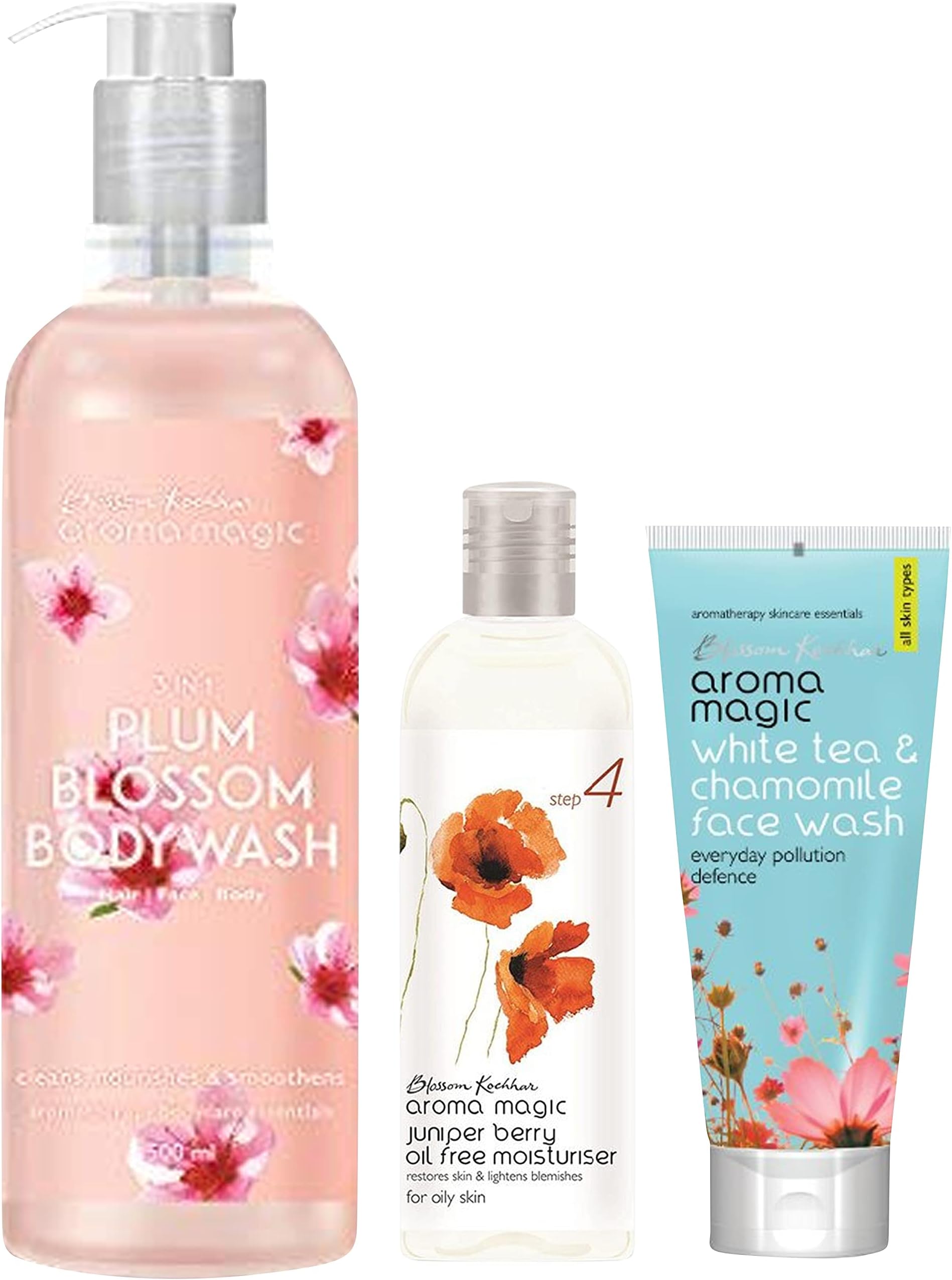 Aroma Magic Aroma Magic 3 In 1 Plum Blossom Body Wash 500 Ml, Pink, 500 ml & Aroma Magic Juniper Berry Oil Free Moisturiser, 100ml & Aroma Magic White Tea And Chamomile Face Wash, 100ml