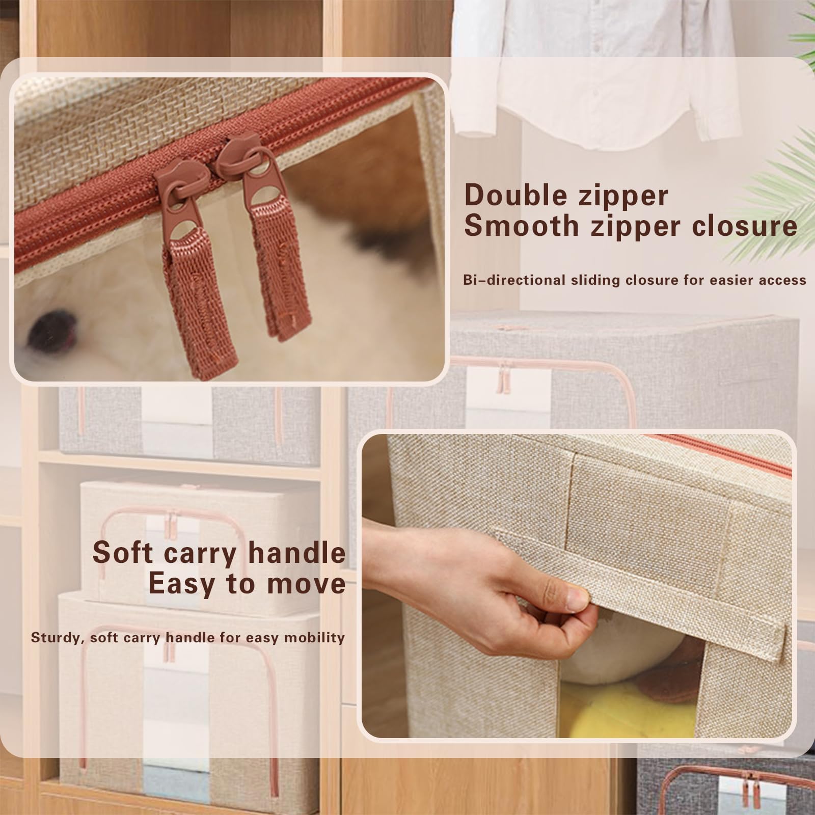 Aufbewahrungsboxen aus Stoff, 100 l, beige, 3 Stück mit Metallrahmen, faltbare Stoffkörbe für Kleidung, stapelbare Öffnungen, Stoff-Aufbewahrungsbehälter mit Deckel, transparente Fenster