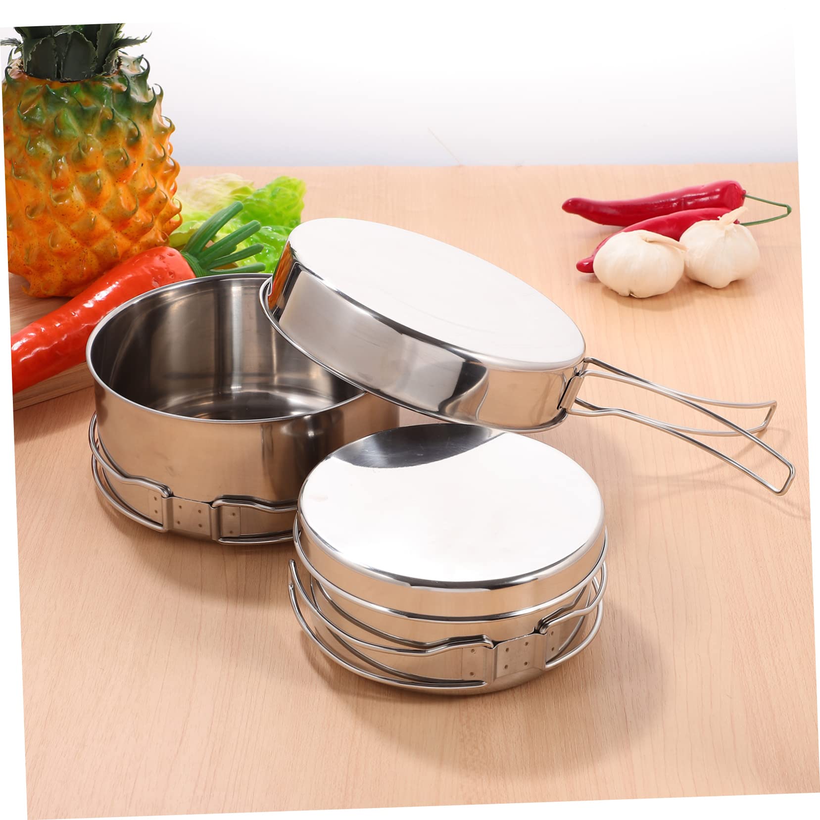Happyyami 4-pc Set Stackable Camping Cookware Stainless Steel Pot Pan Set Non-Stick Coating Compact for Outdoor Camping and Hiking