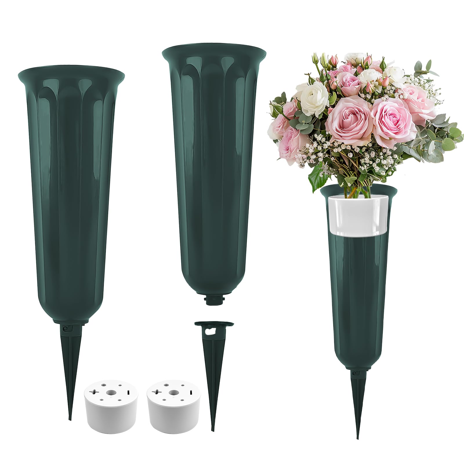 2PCS Cemetery Vases With Spike and Base, Memorial Flower Vases, Plastic Grave Flower Pots for Garden Yard (Green)