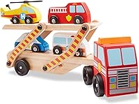 Melissa & Doug Wooden Emergency Vehicle Carrier Truck with 4 Rescue Vehicles - Extending 2-Level Play Set for Kids 3+