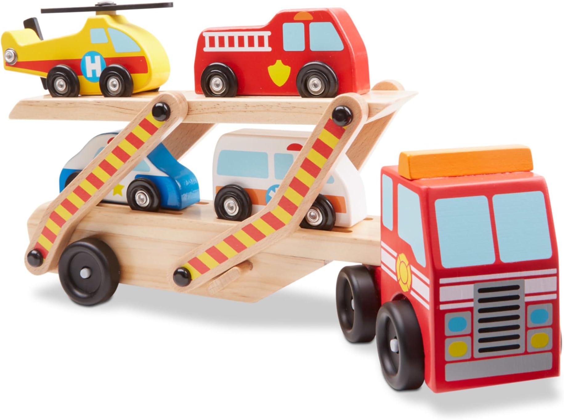 Melissa & Doug Emergency Vehicle Carrier – Wooden Double-Decker Truck with 4 Emergency Vehicles – Pretend Play Transport Set for Kids Ages 3+ | MD4610