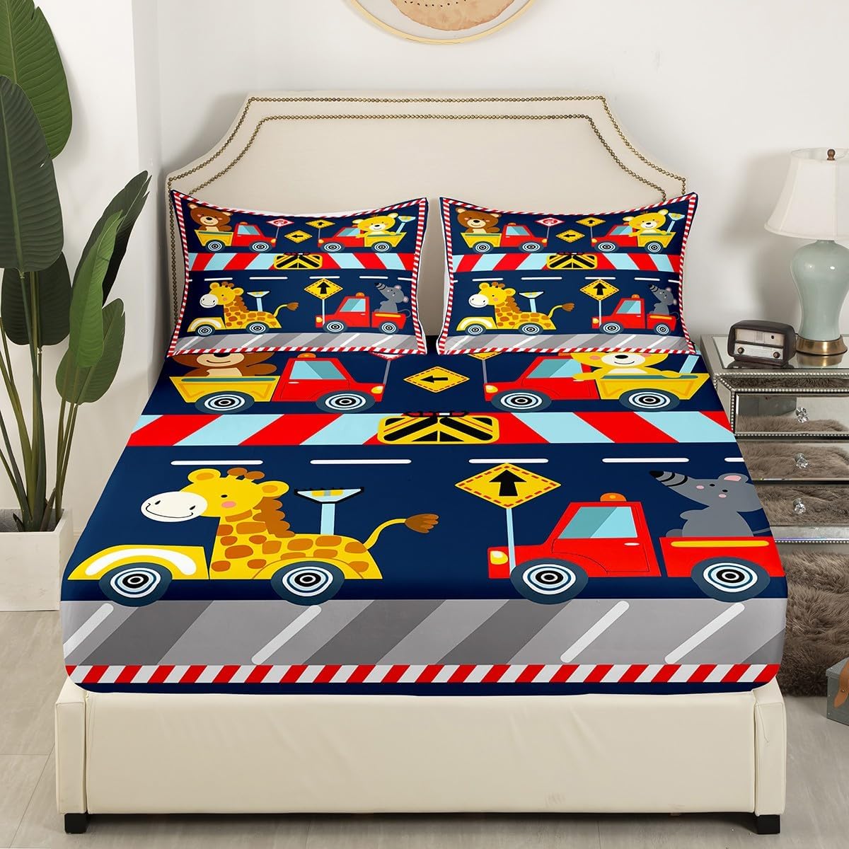 Cartoon Giraffe Kids Sheet Full Size,Cartoon Cars Construction Vehicle Toddler Bedding Set,Girls Boys Women Room Decor,Geometric Stripes Red Blue Bed Sheet Set 4pcs(Fitted + Flat + 2 Pillowcases)