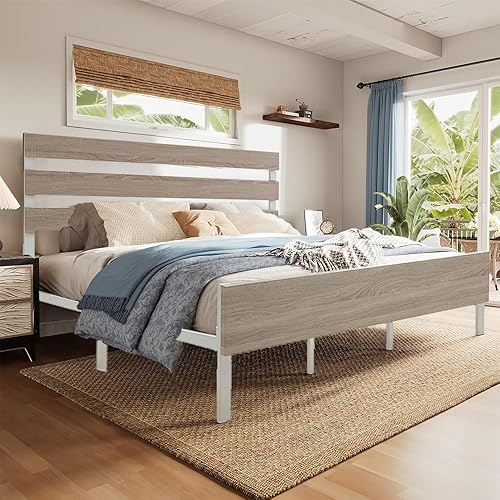 Cama de plataforma de metal tamaño King con cabecero y estribo de madera, no necesita somier, fácil montaje, color blanco crema