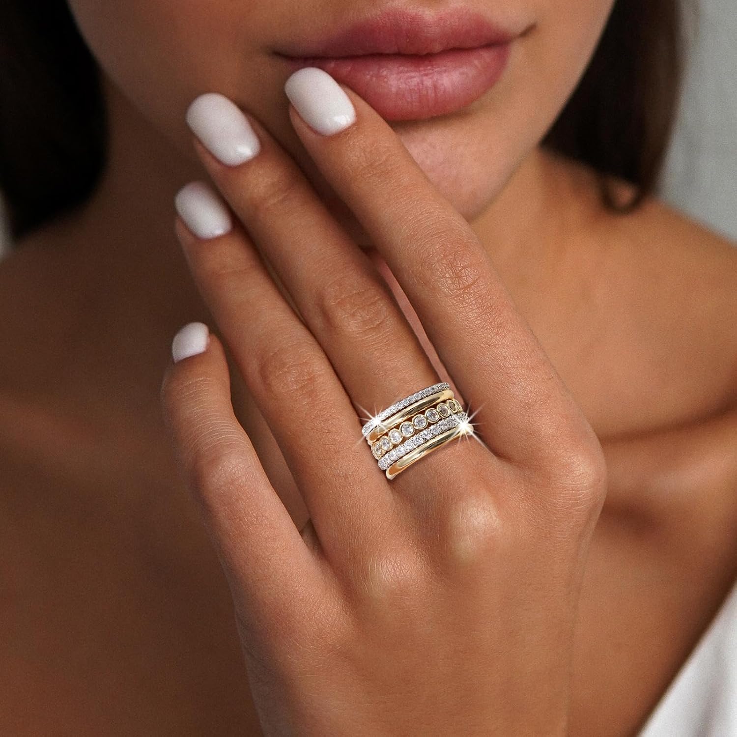 BOMAIL Stackable Rings for Women-Non Tarnish 18K Gold Plated Interlocking Rings Set Gold Silver Mixed Metal Statement Rings Dainty Cubic Zirconia CZ Connected Band Thumb Ring Jewelry for Women - Image 4