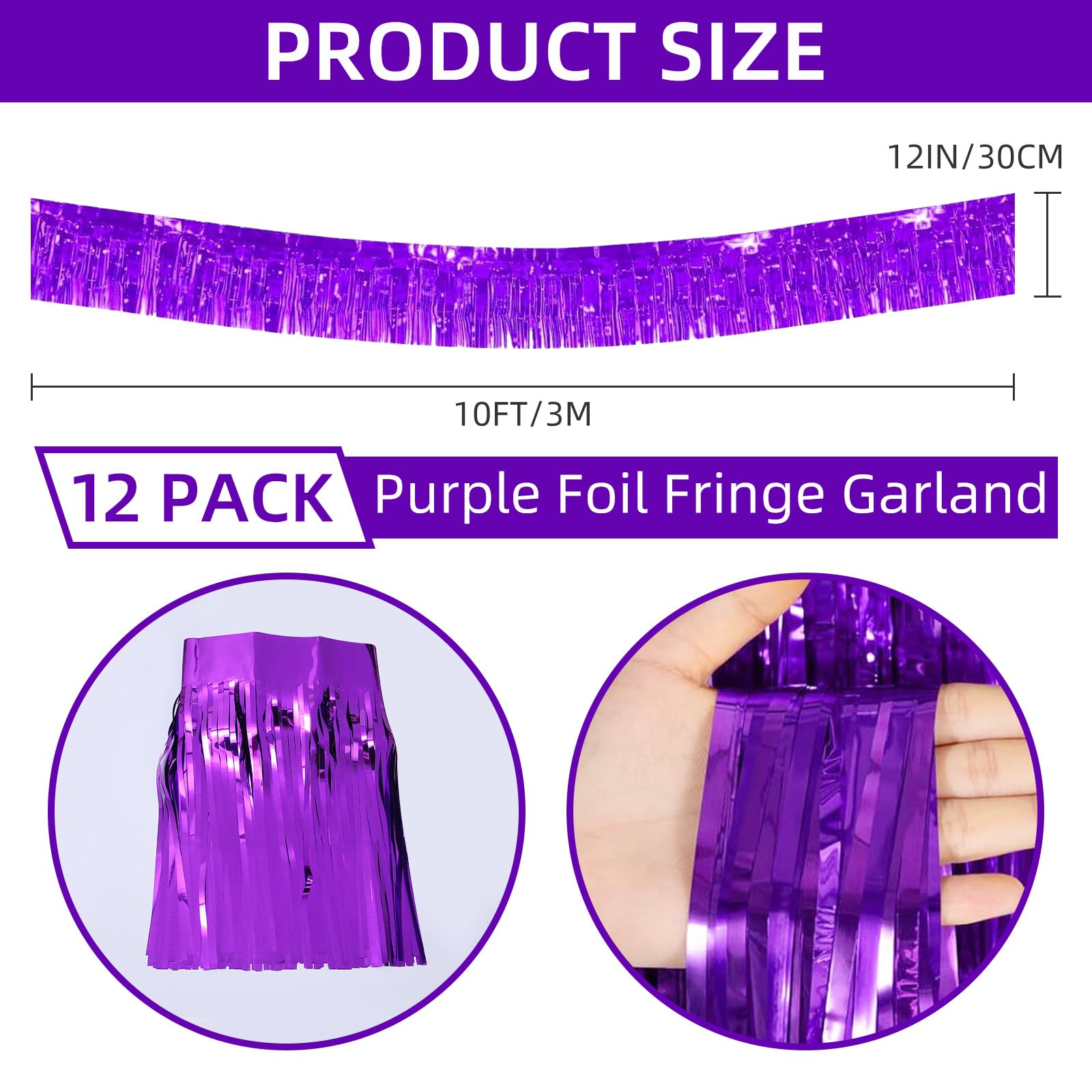 Paquete de 12 guirnaldas de flecos de papel de aluminio metálico de 10 pies, pancarta de oropel para colgar en la pared, color morado para flotadores de desfile, bodas, cumpleaños, Navidad