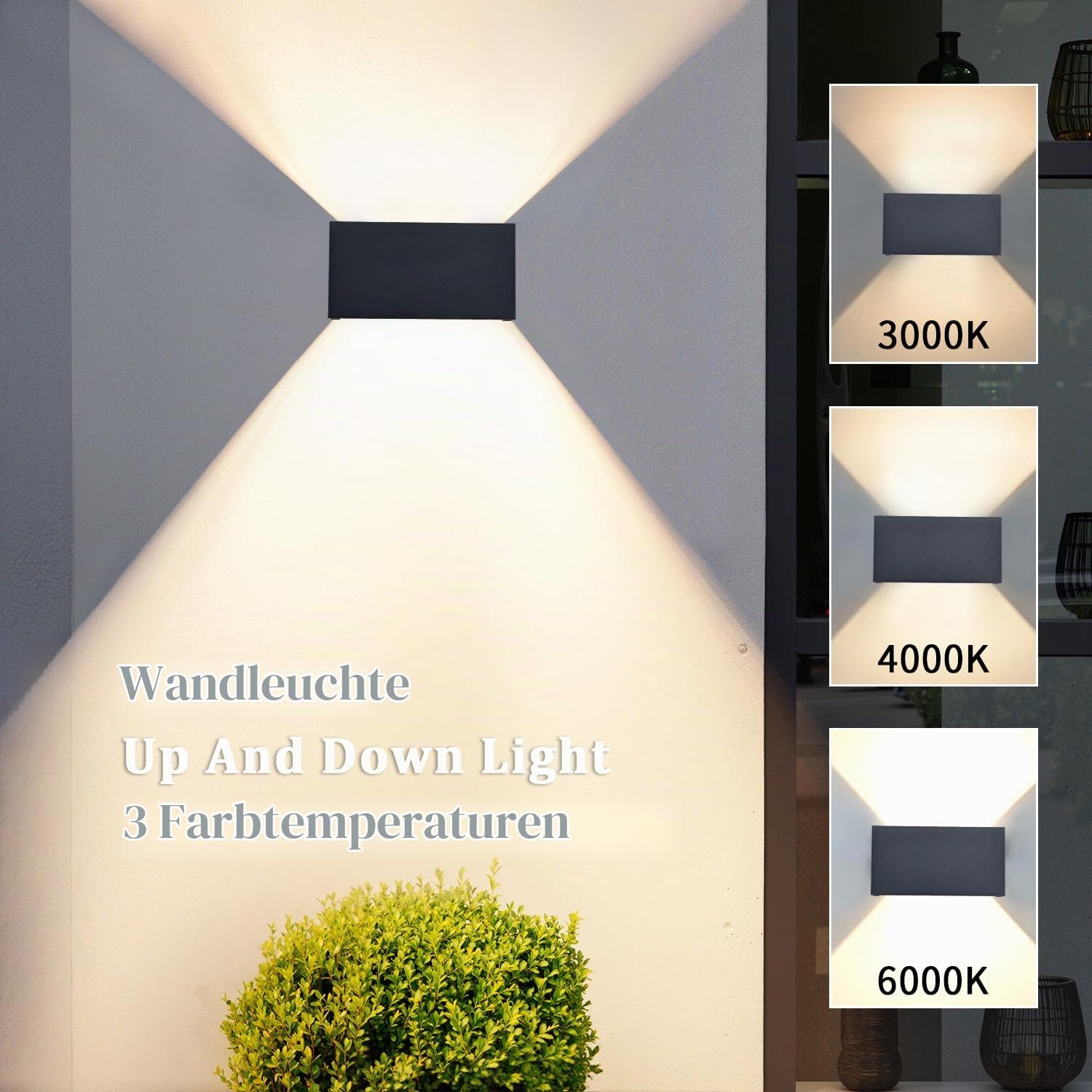 EBION 4 Stück LED Aussenlampe Wand, Up And Down AußEnlampe, Wandleuchten Innen/Außen Aluminium Wandlampe Aussen, IP54 Wasserdicht,3000K/4000K/6000K, 6W, Anthrazit für Wohnzimmer Garten