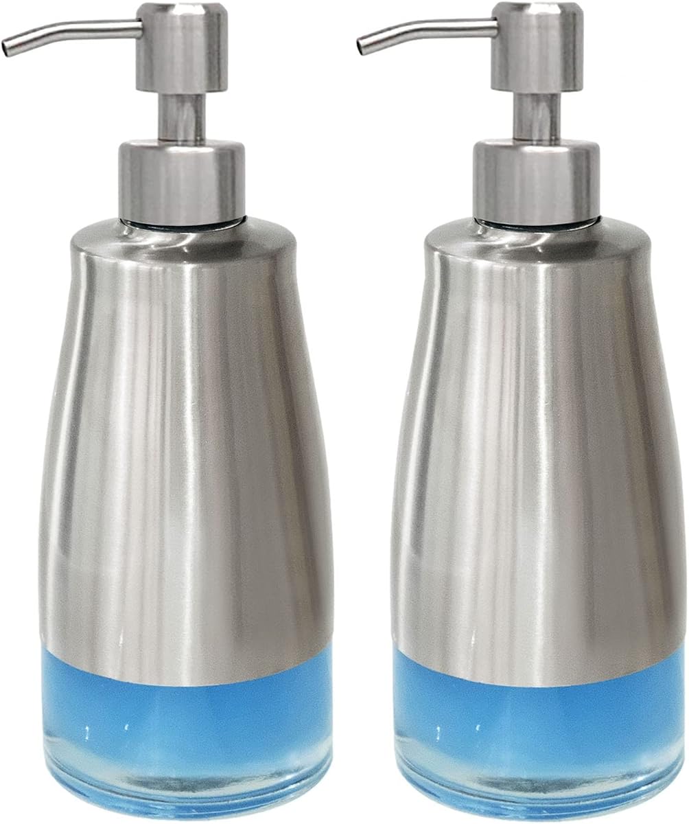 Juego de 2 dispensadores de jabón para manos, caja de acero inoxidable con revestimiento de vidrio | Acabado de níquel cepillado | Diseño recargable | Dispensador de bomba manual suave | Uso de cocina y baño | Decoración elegante de la encimera