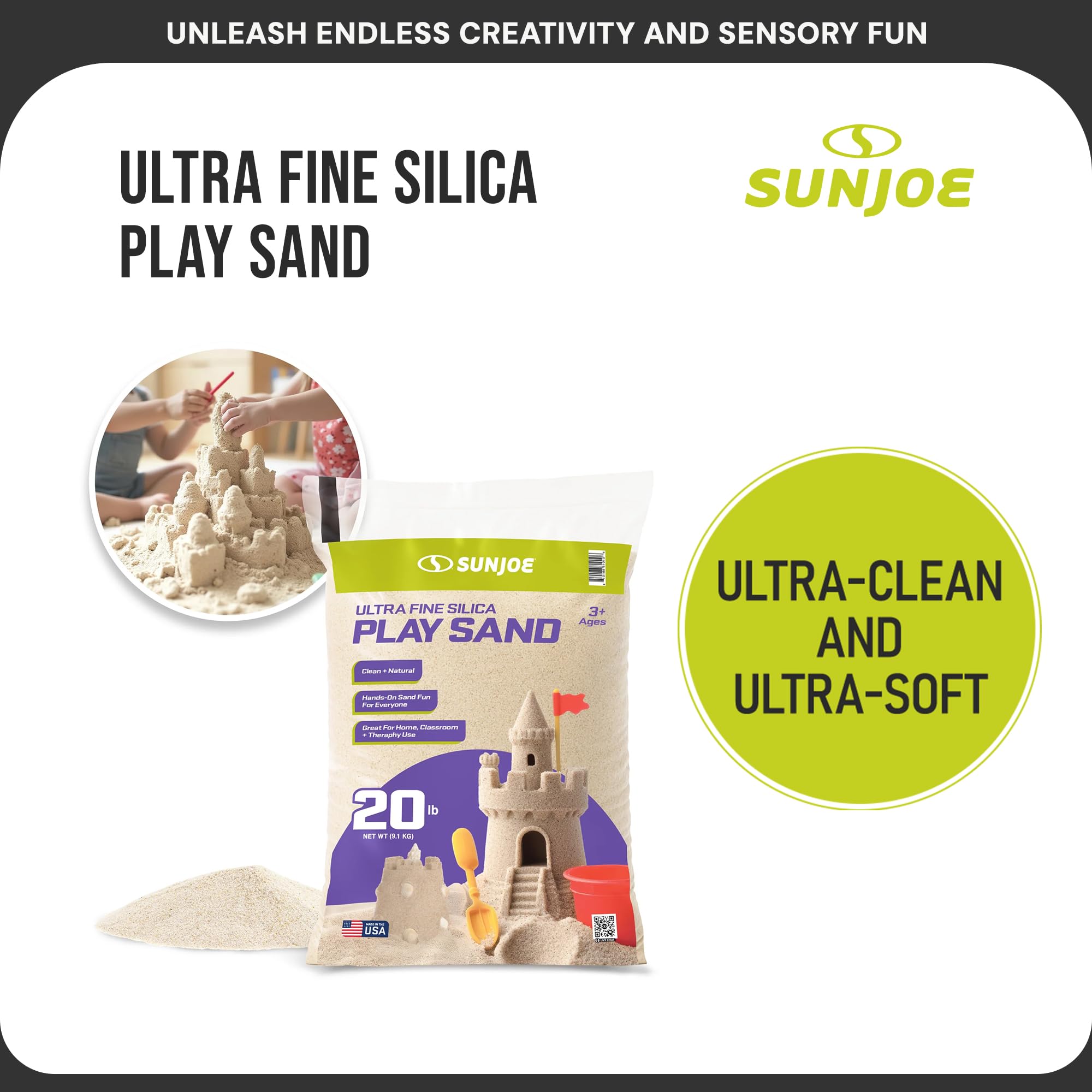 Sun Joe Arena de juego de sílice ultrafina para cajas de arena, mesas sensoriales, jardines, juguetes pesados y acuarios, para moldear, excavar y esculpir, 20 libras, PLYSAND20