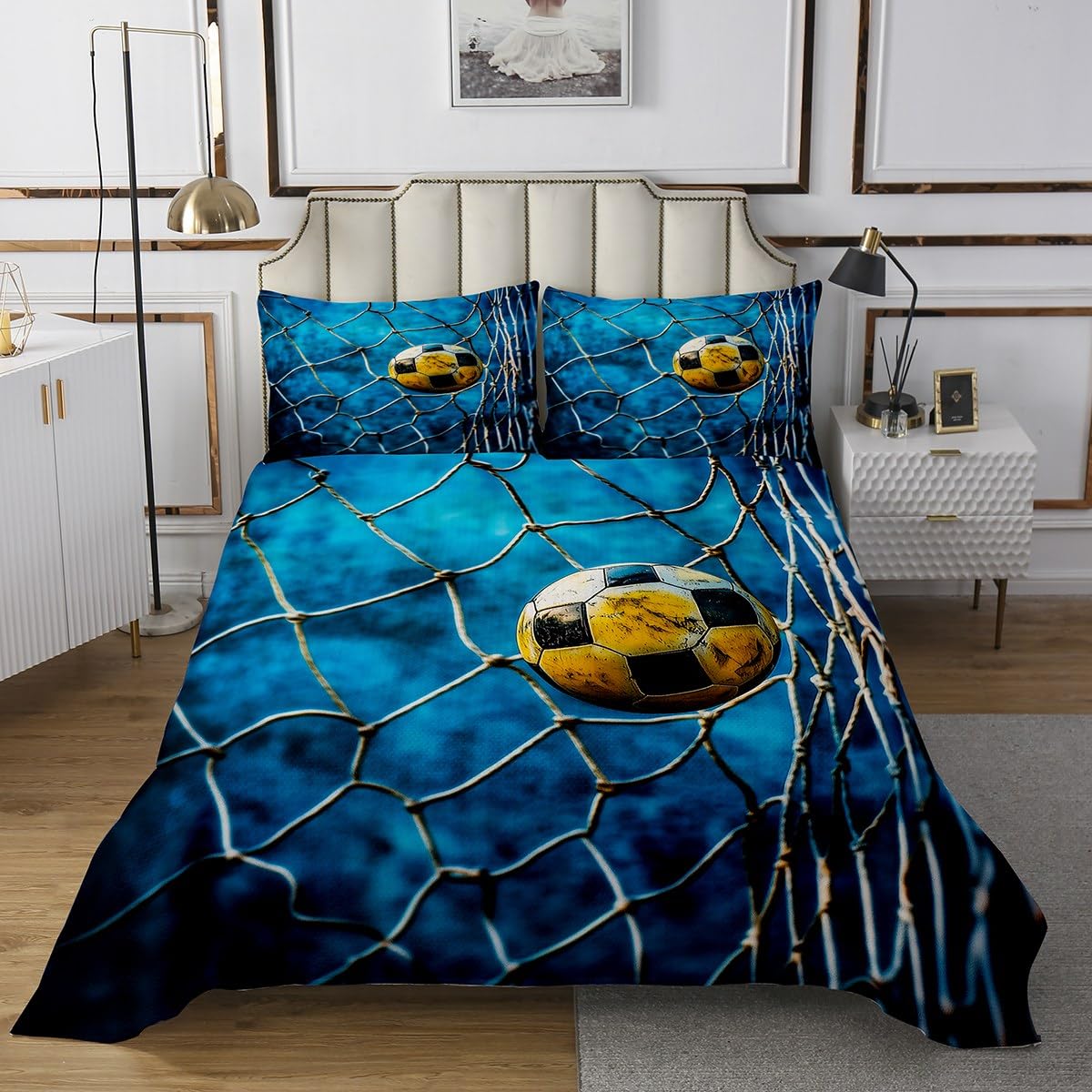 jejeloiu Retro Soccer Bedspread Queen Size Kids Football Ball Game Coverlet Set for Boys Girls Teens Goal Net Quilted Coverlet Breathable Gift for Football Lover Bedroom Decor